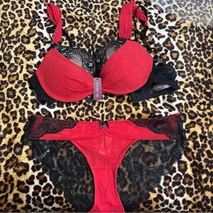 Adore Me Red and Black Lace Bra Set